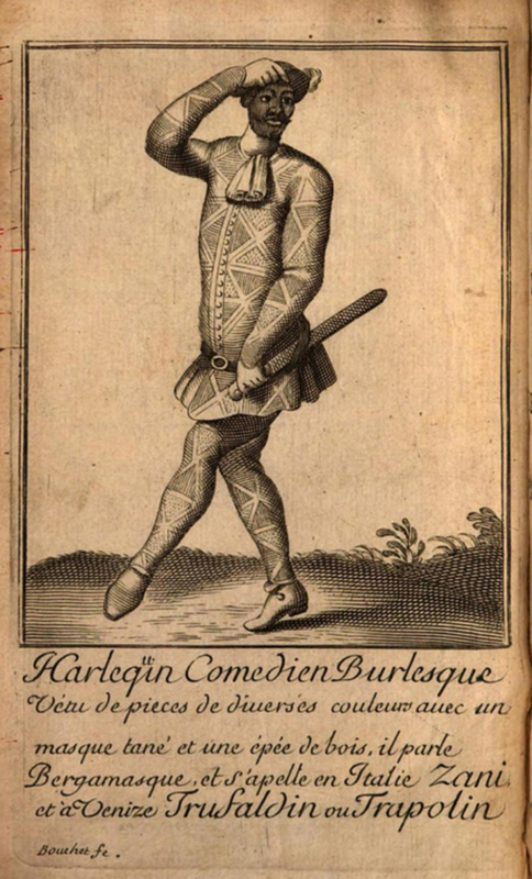 Fig. 4. Gravure d’Arlequin, « Harlequin, Comedien Burlesque vétu de pieces de diverses couleurs avec un masque tané et une épée de bois, il parle Bergamasque, et s’apelle en Italie Zani et à Venise Trufaldin ou Trapolin », dans Le Theatre italien ou le recueil de toutes les scenes françoises Qui ont été jouées sur le theatre italien de l’Hôtel de Bourgogne, Genève, Jacques Dentand, 1695. Google Book