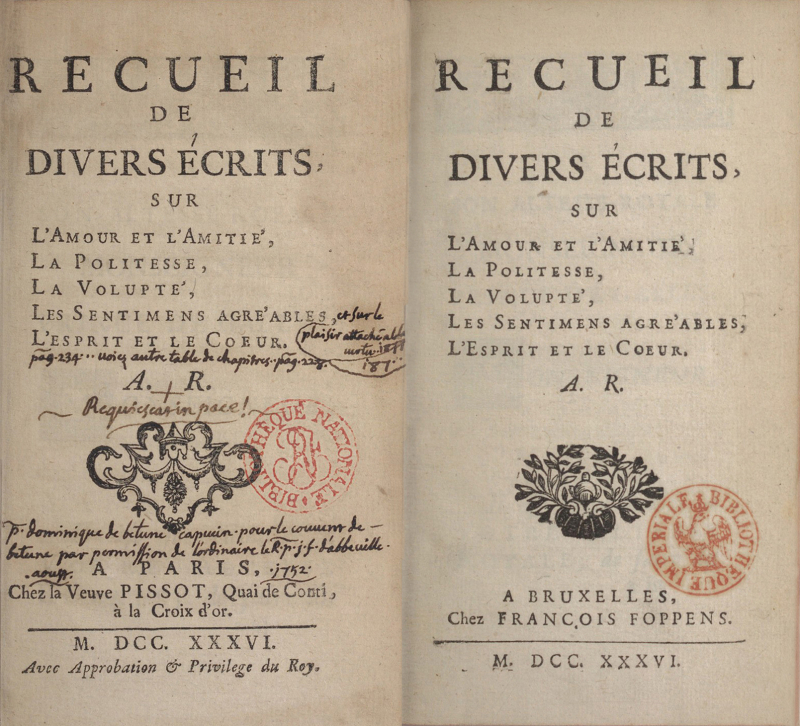 Fig. 1. Pages de titre du Recueil de divers écrits, sur l’Amour et l’Amitié…, éditions de Paris (à gauche) et de Bruxelles (à droite). BnF/Gallica