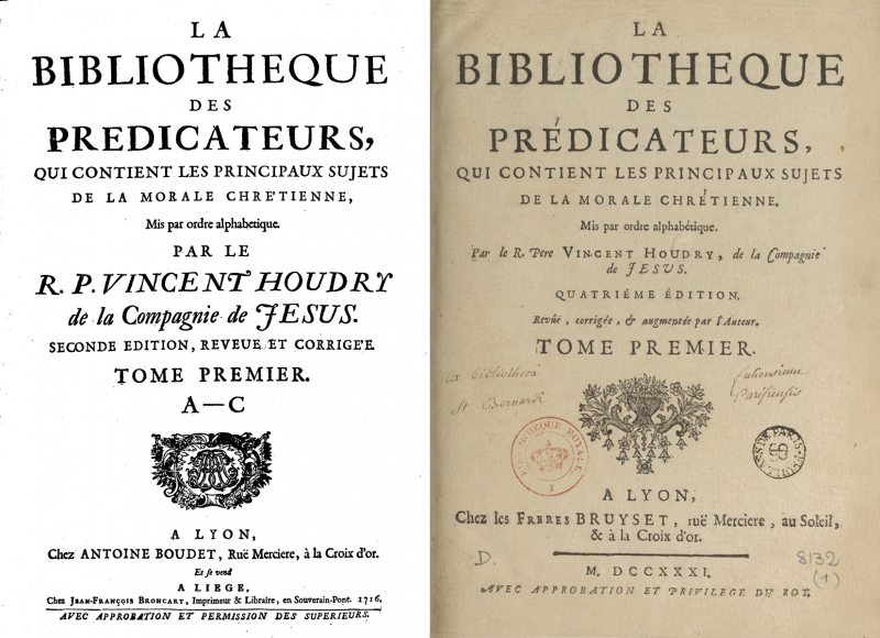 Fig. 1. Pages de titre du tome Ier de La Bibliothèque des prédicateurs : à gauche l’édition de 1716, Lyon, Antoine Boude/Liège, Jean-François Broncart. GoogleBook ; à droite l’édition de 1731, Lyon, Les frères Bruyset (et Vve A. Boudet). BnF/Gallica