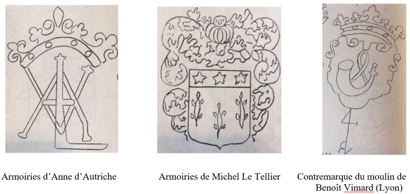 Fig. 2. Feuillets filigranés aux armes d’Anne d’Autriche et de Michel Le Tellier et contremarque du moulin de Benoît Vimard.