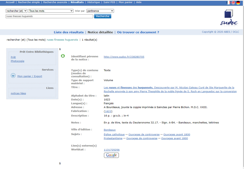 Fig. 6a. La notice bibliographique de l’œuvre Ruses et finesses des huguenots.
