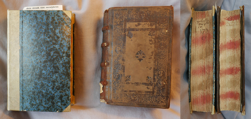 Fig. 1. Deux volumes de la collection Van Buchell, à gauche K oct 54 (reliure récente), à droite T oct 155 (reliure d’origine), comportant tous deux les titres renvoyant au contenu tels qu’apposés par van Buchell sur la tranche.