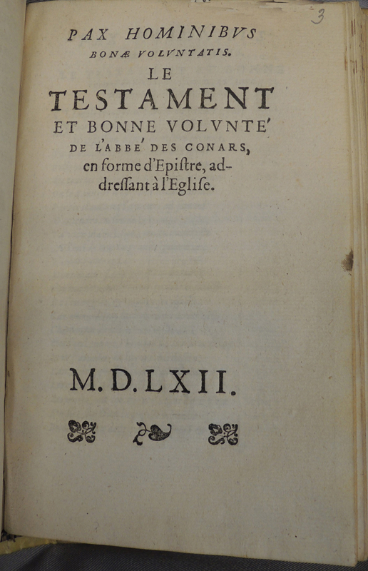 Fig. 3. Page de titre de la Pax hominibus, [Paris, Guillaume II Nyverd], 1562.