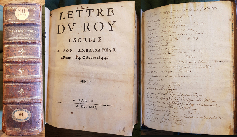 Fig. 2. Dos, 1re pièce (Lettre du roy escrite a son ambassadeur, à Rome, le 4. Octobre 1644., Paris, s. n., 1649) et table des matières du volume coté 8-H-7723.