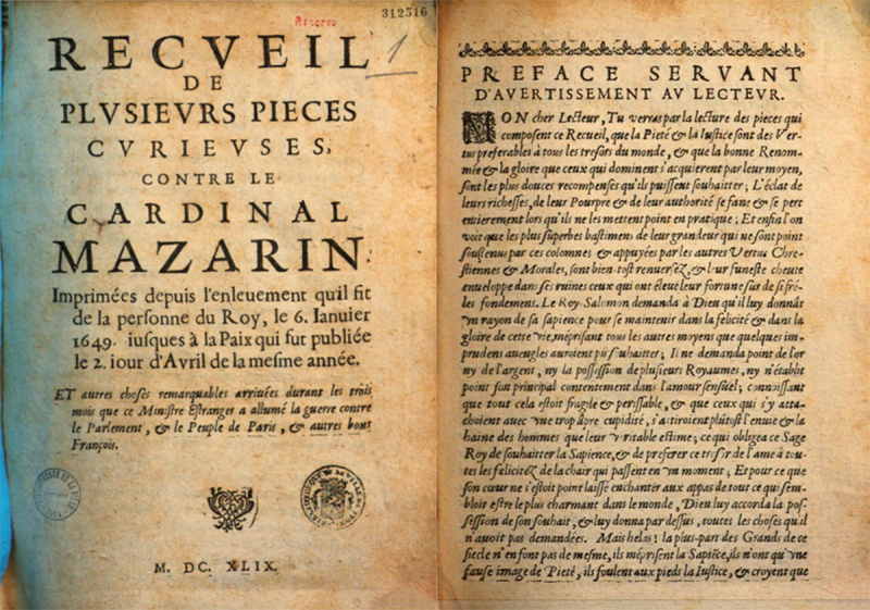 Fig. 3a. Pièce constituée de deux feuillets avec une page de titre et une préface de Recueil de plusieurs pieces curieuses, contre le cardinal Mazarin…, s. l., s. n., 1649.