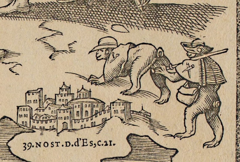 Fig. 4. Jean-Baptiste Trento et Pierre Eskrich, La Mappe-Monde nouvelle papistique, s. l., s. n., 1566, « L’origine et commencement de ceste mappe-monde nouvelle papistique et comment elle a esté trouvee », f. 9 ro (détail).