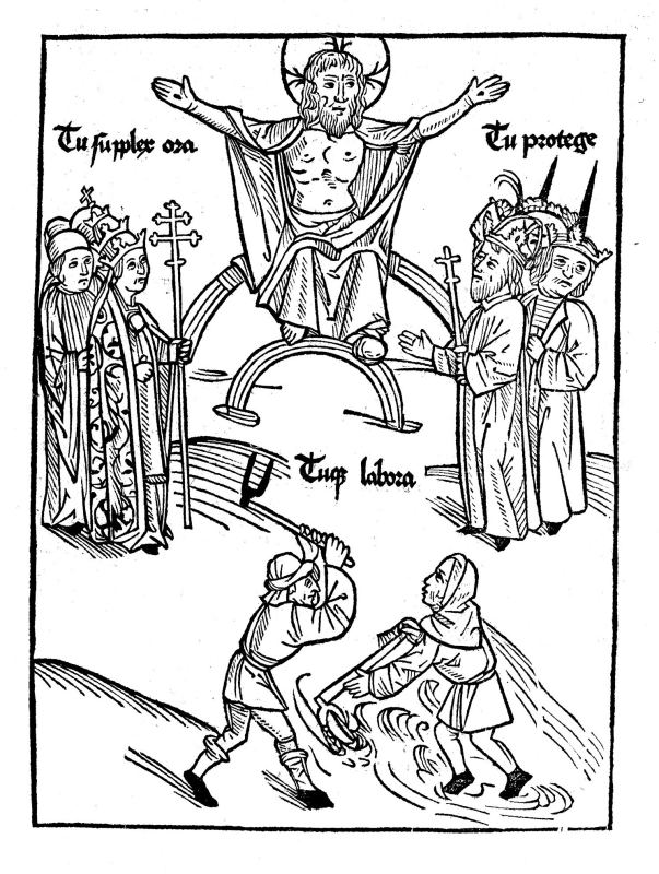 Fig. 3 : « Les Trois États du royaume. Représentation de l&apos;ordre médiéval tardif des États », gravure sur bois par Jacob Meydenbach, dans Johannes Lichtenberger, Prognosticatio, 1488.