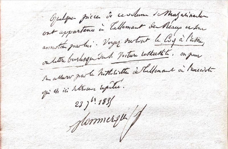 Fig. 1. Note de Louis Monmerqué en tête du recueil factice ayant appartenu à Tallemant des Réaux.