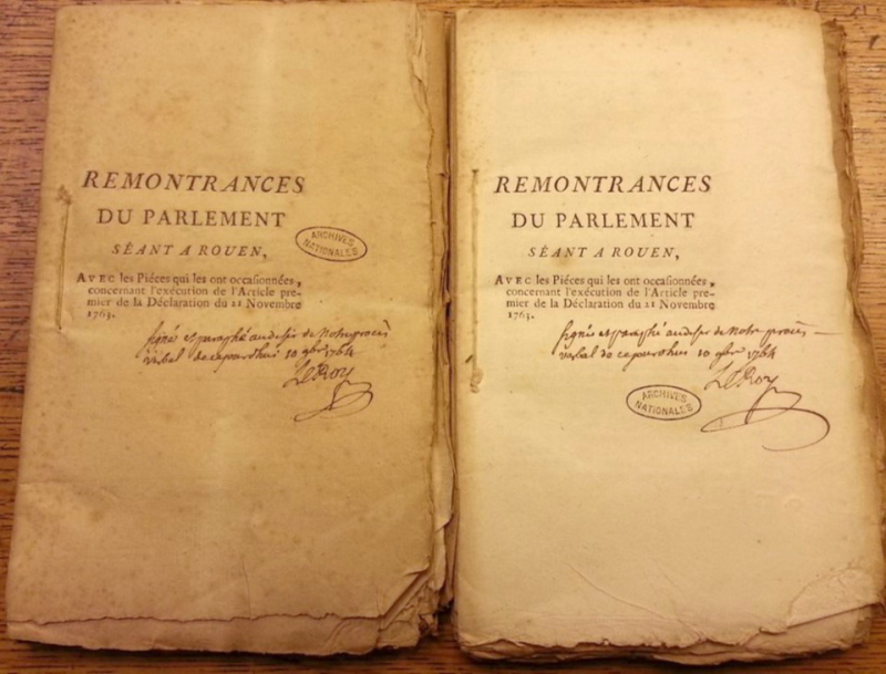 Fig. 2 : Exemplaires des Remontrances du parlement de Rouen.