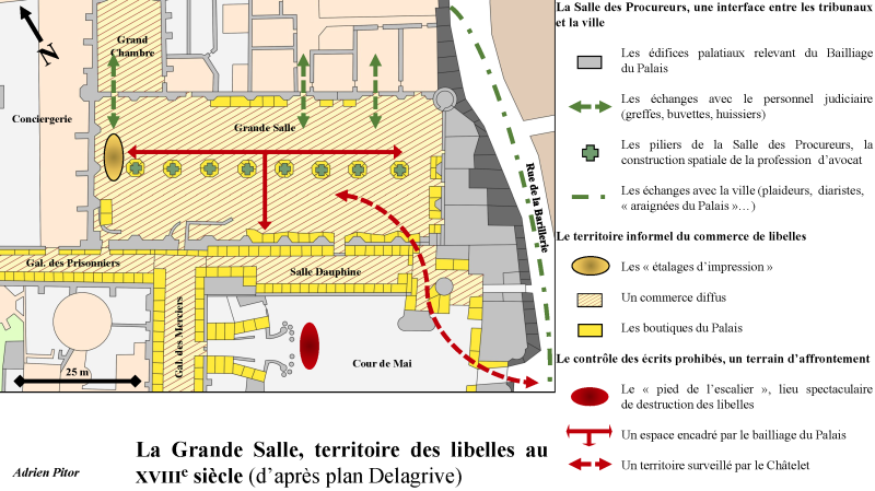 Fig. 4 : Plan de la Grande Salle, territoire des libelles au xviiie siècle.Source/crédit : d’après le plan de Delagrive. Réalisé par Adrien Pitor.