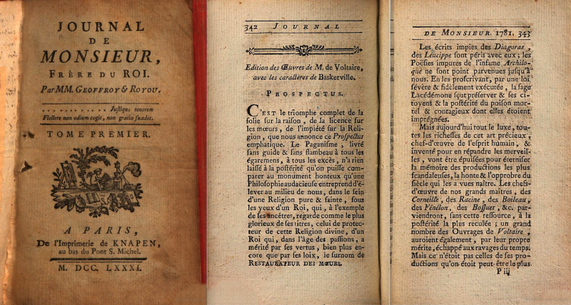 Fig. 2. Journal de Monsieur, Frère du Roi. Par MM. Geoffroy &amp; Royou, Knapen, 1781, page de titre et p. 342-343.