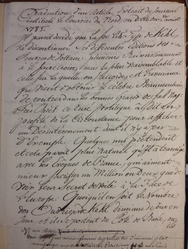 Fig. 3. « Traduction d’un article. Extrait du Journal intitulé Le Courier du Nord, en date du 1r [leçon incertaine] aoust 1785. »