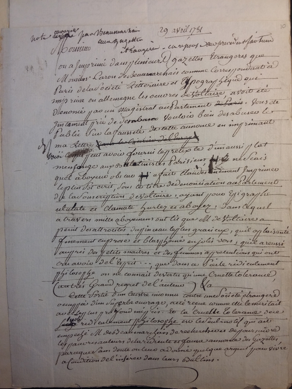 Fig. 4. Beaumarchais, brouillon autographe d’une Note envoyée par Beaumarchais aux gazettes étrangères en réponse au précédent factum, 29 avril 1781.