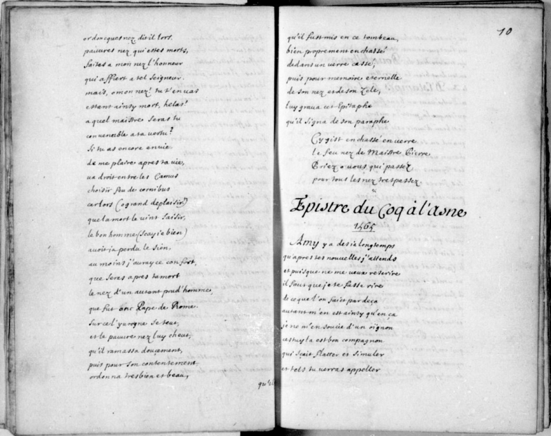 Fig. 1. Début de l’« Epistre du Coq a l’asne » de 1565, extrait du Recueil de pièces fugitives sur divers personnages du temps de Charles IX, et analyse de divers ouvrages du xviie siècle, ms., f. 10 ro.