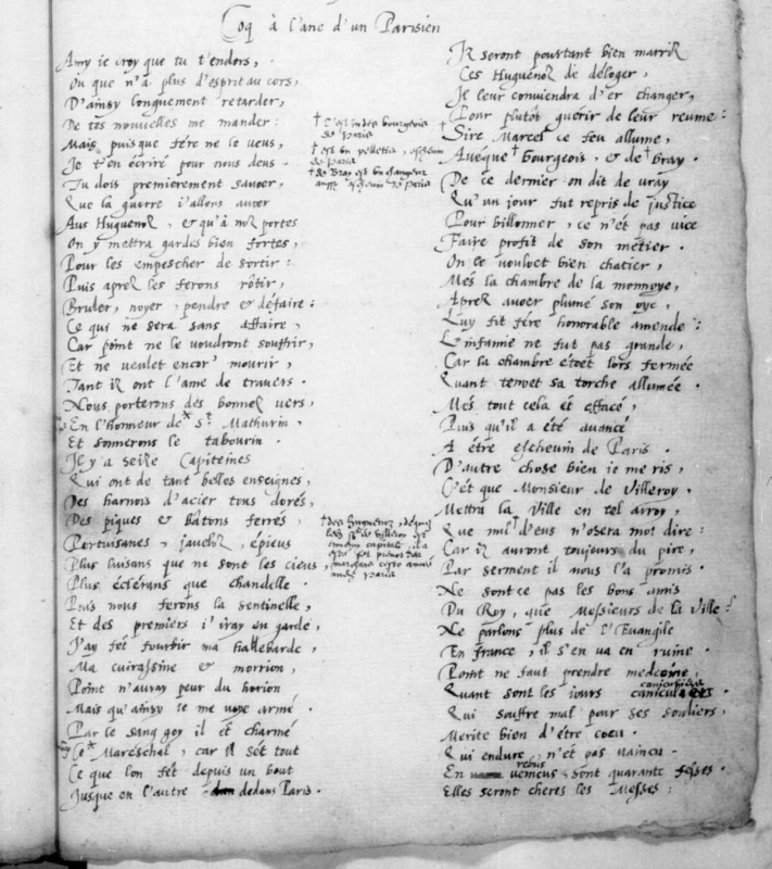 Fig. 2. Début de la première page du manuscrit « Coq à l’ane d’un Parisien » avec notes marginales, provenant du Recueil d’extraits rassemblés par Philippe Harduin de S. Jacques, [1570 ?], f. 123 ro.