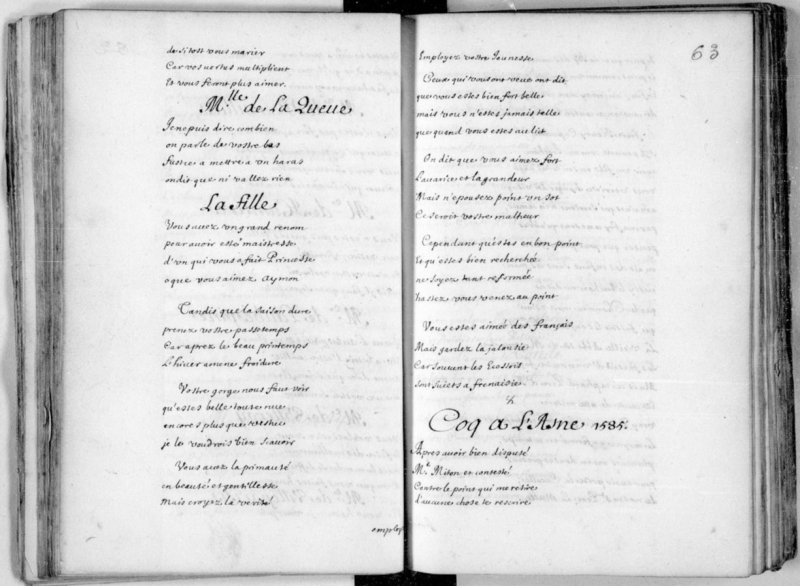 Fig. 3. Première page du manuscrit «  Coq a L’asne. 1585 », extrait du Recueil de pièces fugitives sur divers personnages du temps de Charles IX, et analyse de divers ouvrages du xviie siècle, ms., f. 63 ro.