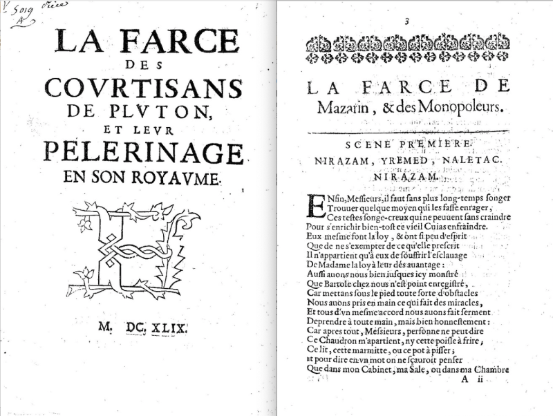 Fig. 1. La Farce des courtisans de Pluton, et leur pelerinage en son royaume, s. l., s. n., 1649, page de titre et p. 3.
