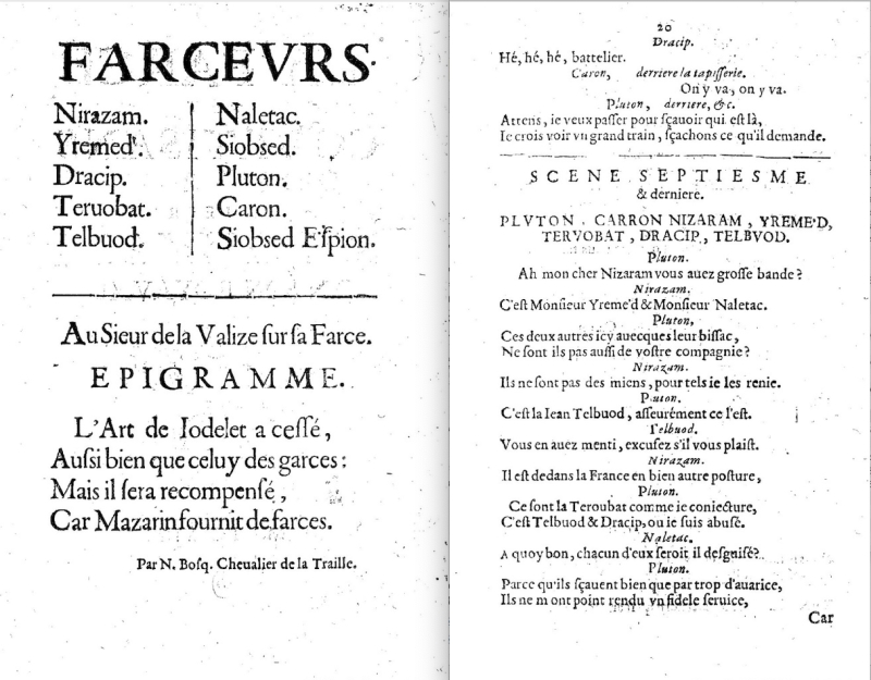Fig. 2. La Farce des courtisans de Pluton, et leur pelerinage en son royaume, s. l., s. n., 1649, p. [2] et 20.