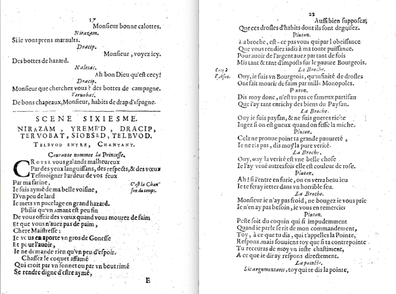 Fig. 3. La Farce des courtisans de Pluton, et leur pelerinage en son royaume, s. l., s. n., 1649, p. 17 et 22.