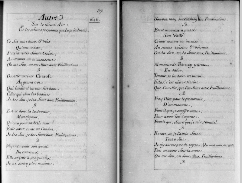 Fig. 1. Chanson des « Feuillantines » (1646), reprise dans le Chansonnier dit de Maurepas. Recueil de chansons, vaudevilles, sonnets, epigrammes, epitaphes, et autres vers […], Années 1643 à 1649, vol. XXII, manuscrit, fo 57.