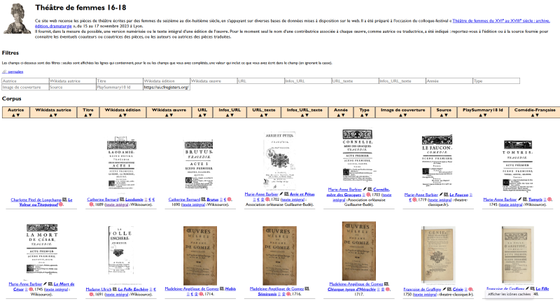 Fig. 2. Capture d’écran du site Théâtre de femmes 16-18 avec un filtre pour n’afficher que les pièces jouées à la Comédie-Française.
