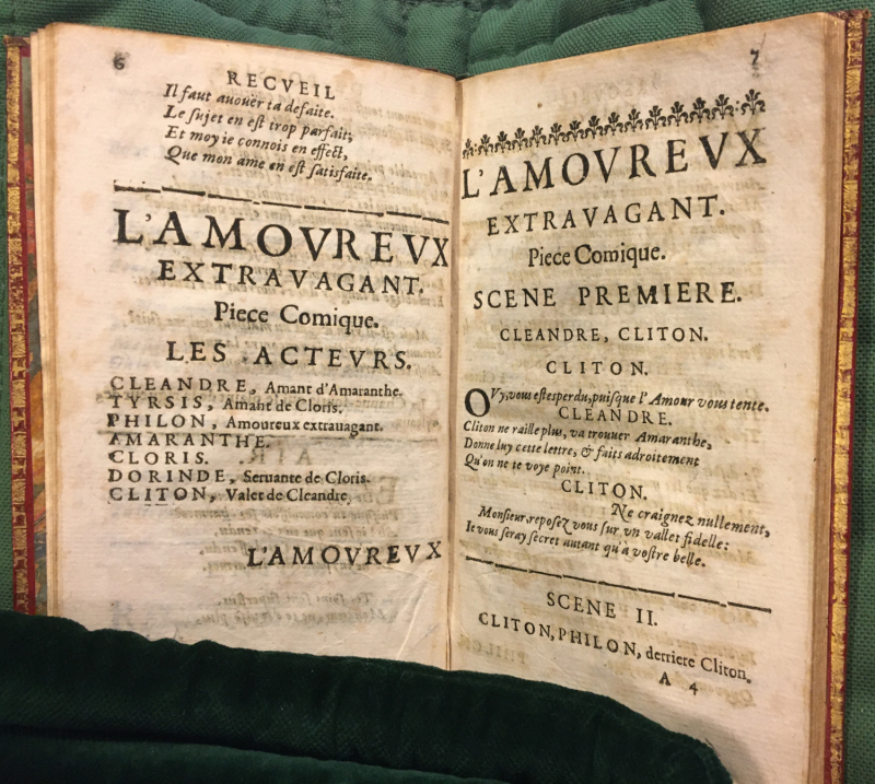 Fig. 2. Françoise Pascal, Diverses poesies de Mademoiselle Pascal, Lyon, Simon Matheret, 1657, L’Amoureux extravagant. Piece Comique, liste des acteurs et scène 1, p. 6-7.