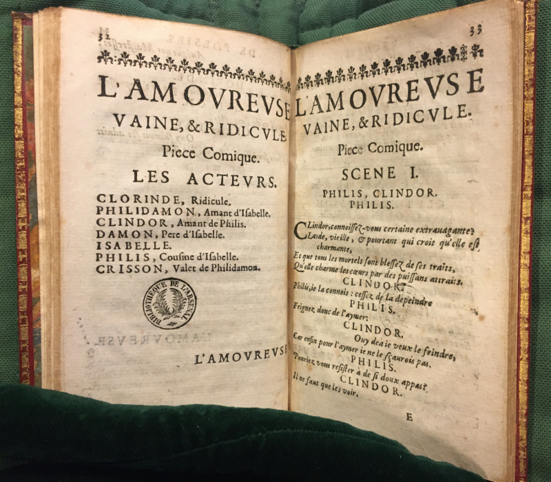 Fig. 3. Françoise Pascal, Diverses poesies de Mademoiselle Pascal, Lyon, Simon Matheret, 1657, L’Amoureuse vaine, &amp; ridicule. Piece Comique, liste des acteurs et scène 1, p. 32-33.