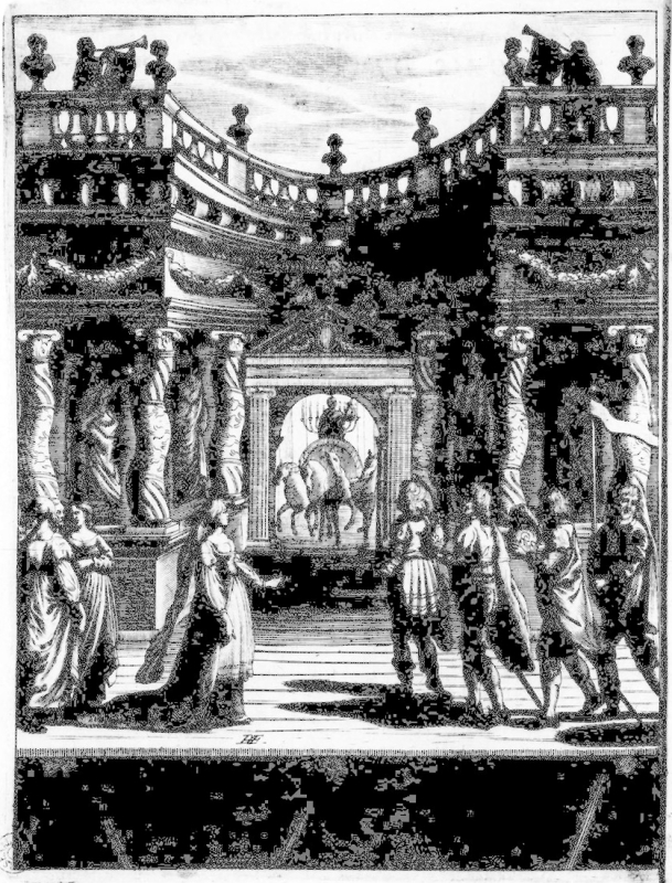 Fig. 4. Jean Puget de La Serre, Le Martyre de sainte Caterine. Tragedie en prose. Dediee a madame la Chancelliere. Par monsieur de La Serre, Paris, Antoine de Sommaville et Augustin Courbé, 1643, gravure en tête du premier acte.
