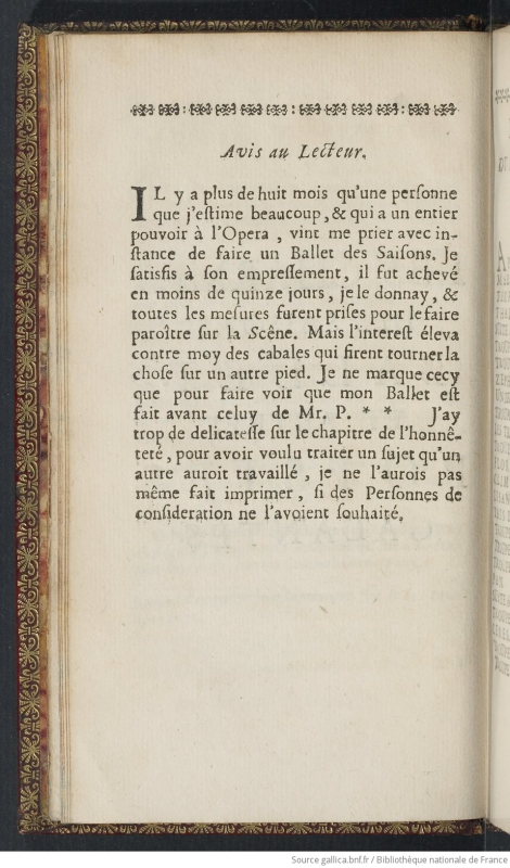 Fig. 2. Les Charmes des saisons dans Poesies galantes de Madame de Sainctonge, Paris, Jean Guignard, 1696, « Avis au Lecteur »