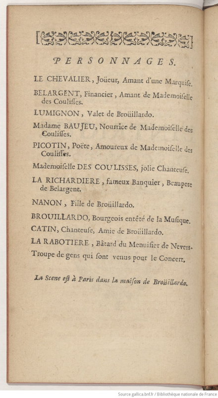 Fig. 4. L’Intrigue des concerts. Comedie, dans Poesies diverses de Madame de Sainctonge. Seconde edition. Tome premier, Dijon, Antoine de Fay, 1714, liste des personnages.