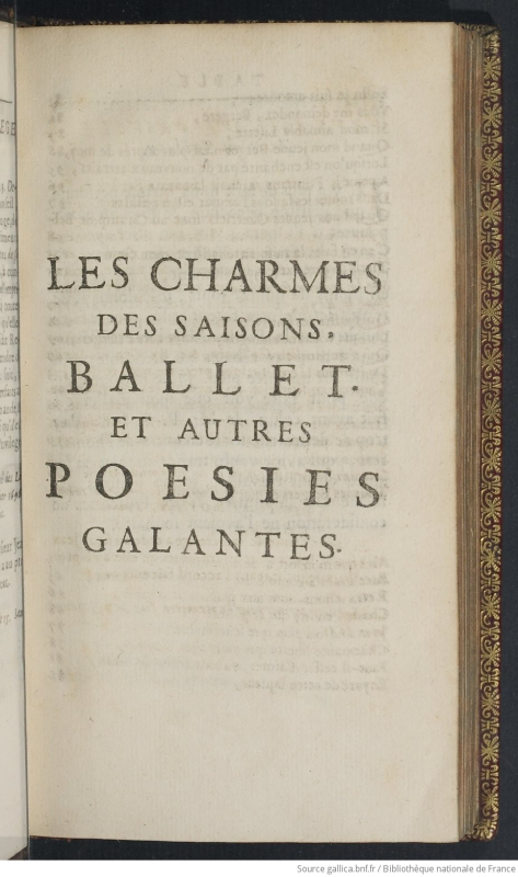 Fig. 6. Les Charmes des saisons dans Poesies galantes de Madame de Sainctonge, Paris, Jean Guignard, 1696, page de titre interne