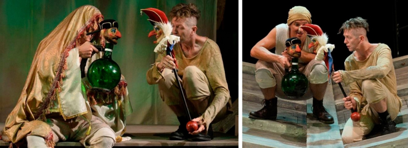 Figures 19–20. – The two unsophisticated characters of the comic drunkard and the Elizabethan court jester / Punch / Paprika Jancsi performed with simple rod puppets: Gergő Pethő as Stephano and Zsolt Tatai as Trinculo.