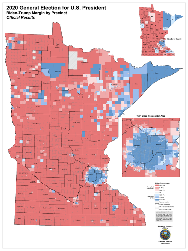 Carte 3. – Résultats de l’élection présidentielle de 2020 au Minnesota, par comté et par precinct.