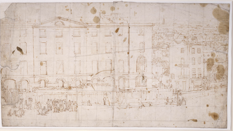 Figure 11. – Thomas Girtin, « Albion Mills à l’approche de Blackfriars Bridge ; dessin préparatoire pour la section I du panorama de Londres, l’Eidometropolis ».
