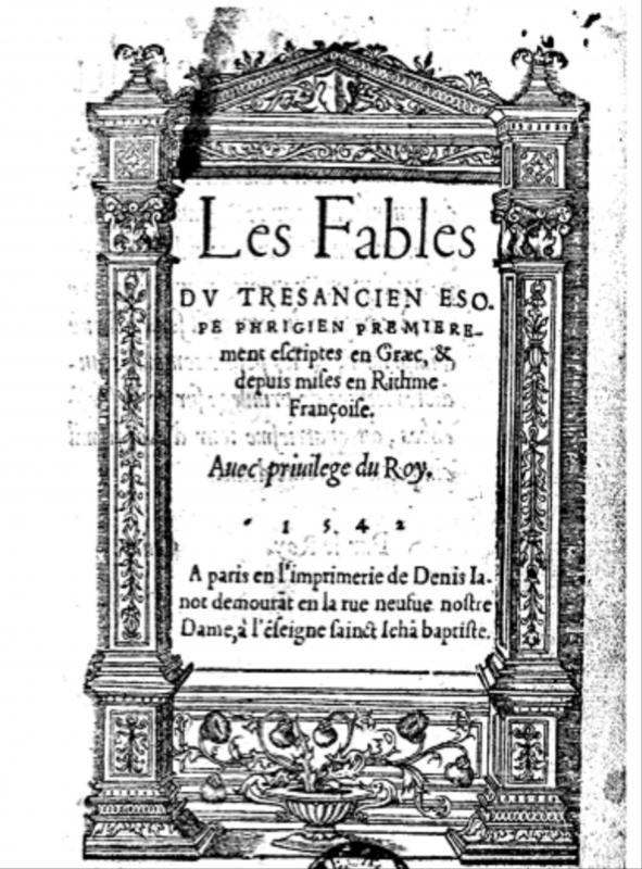 Fig. 1. Fables du tres ancien Ésope…, éd. et trad. par G. Corrozet, Paris, D. Janot, 1542, page de titre.