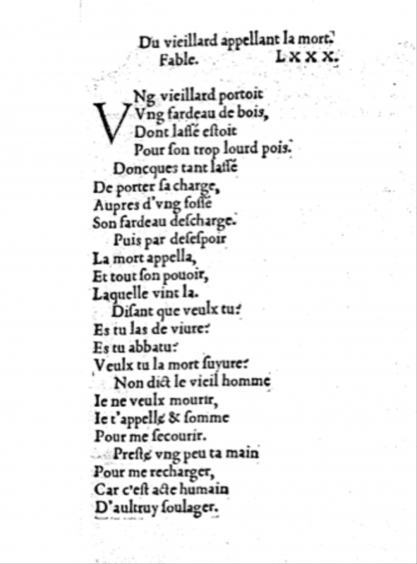 Fig. 8. Fables d’Esope, éd. et trad. par G. Corrozet, Paris, D. Janot, 1542, fable LXXX (De Fuyr la mort / Du Vieillard appellant la mort).