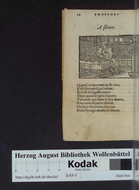 Fig. 8 b. Emblème « A Silence ». Les Emblemes de M. Andre Alciat, Lyon, Jean de Tournes, 1548