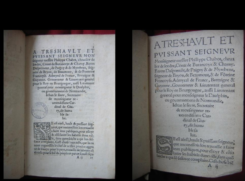 Fig. 5. Dédicaces. Gauche : Les Emblemes de Maistre André Alciat, mis en rime françoise par Jean Lefèvre et puis nagueres reimprimé auec curieuse correction, Paris, Chrétien Wechel, 1450. Droite : Les Emblemes de Maistre Andre Alciat (en latin), mis en rime françoyse (par Jean Lefevre), et puis nagueres réimprimé auec curieuse correction, Lyon, Jacques Moderne, 1544.