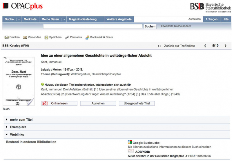 Figure 1 – Capture d’écran de l’OPAC de la Bayerische StaatsBibliothek.