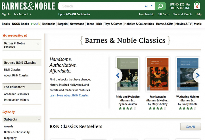 Figure 13 – Capture d’écran de la page d’accueil du réseau de libraires Barnes &amp; Noble.