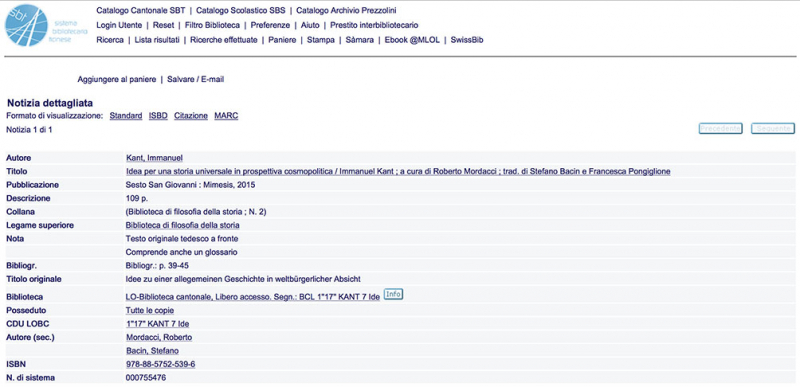 Figure 4 – Capture d’écran du Sistema Bibliotecario Ticinese (catalogue commun aux bibliothèques du canton de Ticino, Suisse).
