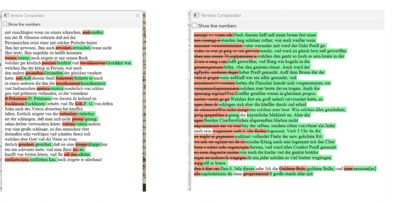 Fig. 4. Les deux captures d’écran montrent le résultat de la transcription automatique le plus réussi (à gauche) et le plus mauvais (à droite) [Des corrections ultérieures n’ont pas pu être prises en compte ici]