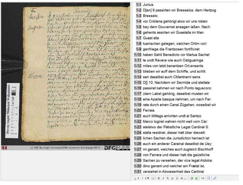 Fig. 5. La capture d’écran montre comme exemple le résultat de la transcription automatique du manuscrit HAB Cod. Guelf. 256.1 Extrait à l’aide de l’application du modèle de Wagener. 