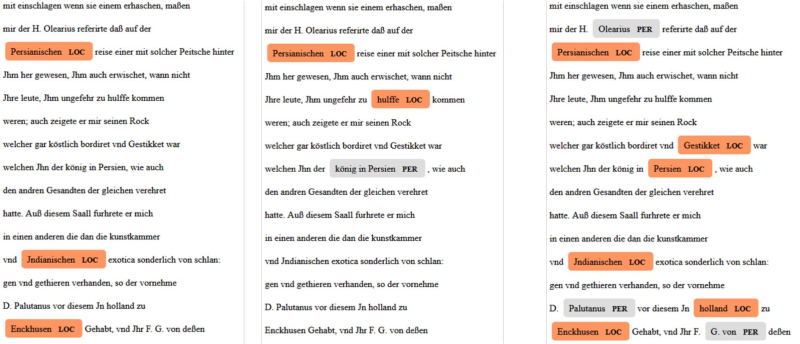 Fig. 7 : Sortie HTML pour différents modèles NER avec et sans découpage de phrases.