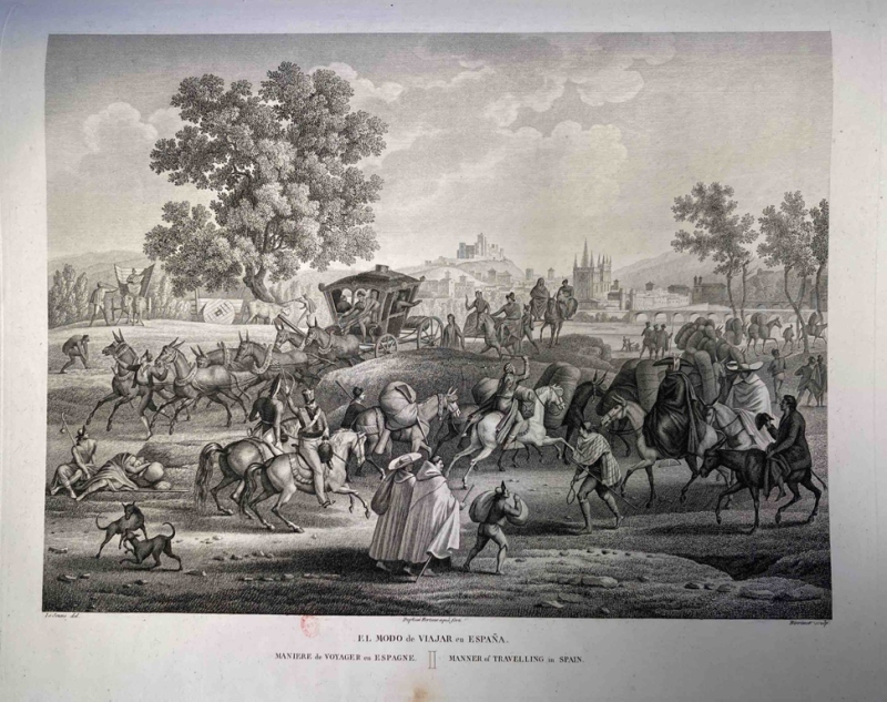 Fig. 1 – Louis-François Lejeune (dessiné par), Edmé Bovinet et Jean Duplessis-Bertaux (gravé par). Manière de voyager en Espagne. Planche de l’ouvrage Voyage pittoresque et historique en Espagne, Paris, P. Didot l’Aîné, 1820