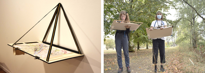 Fig. 9. Clémence Mathieu, Tablette d’exploration, outil pour la lecture cartographique in situ réalisée avec Théo Jacquet, exposition au théâtre d’Orléans du laboratoire ÉCOLAB, programme Liga, ESAD Orléans, octobre 2020.
