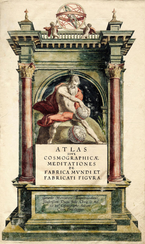 Fig. 2. Gérard Mercator, Atlas, frontispice de l’ouvrage, 1595, Wikimedia Commons.