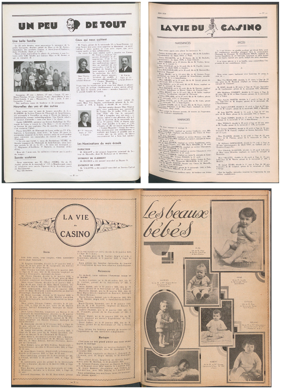 Figure 5 : En haut à gauche la rubrique « Un peu de tout », Casino Magazine, no 92, décembre 1932, p. 8 ; en haut à droite la rubrique « La vie du Casino », no 110, juin 1934, p. 11 ; en bas une double page avec les rubriques « La vie du Casino » et « Les beaux bébés », Casino Magazine, no 83, février 1932, p. 8-9