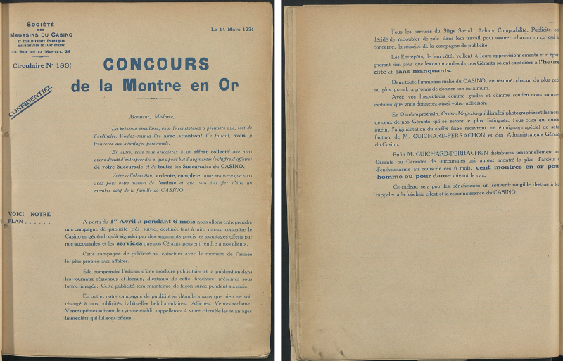 Figure 7 : Circulaire aux gérants de succursales, no 183, 14 mars 1931, « Concours de la Montre en Or »